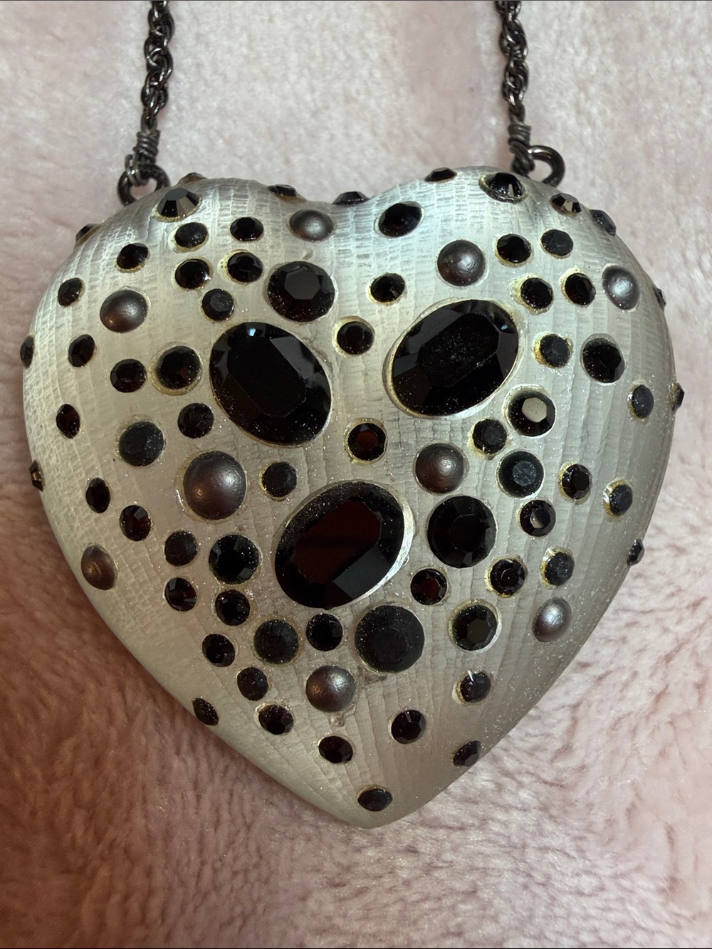 Giant Lucite Heart  Pendant Necklace with Black Crystal Accents( 1” x 1” Heart )